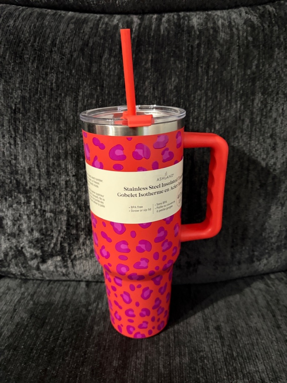 Ashland Bright Pink Tumbler with Purple Leopard Print and Red Handle